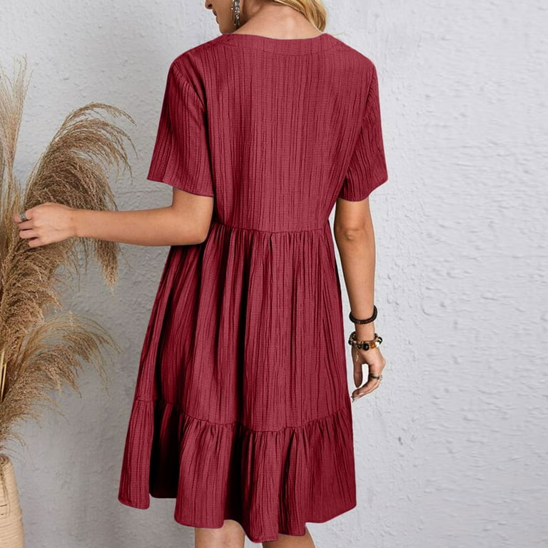 Hipattires Summer Dresses for Women Formal Casual Red Solid Color Hawaiian Juniors  Dresses Short Sleeve - Walmart.com