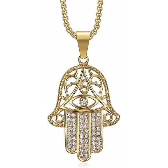 18K Gold Black Plated Blue Evil Eye Beads Fatima Hamsa Hand Egyptian Pendant Stainless Steel Necklace for Men Women, 24 Inch Chain Religious Amulet Jewelry Gift