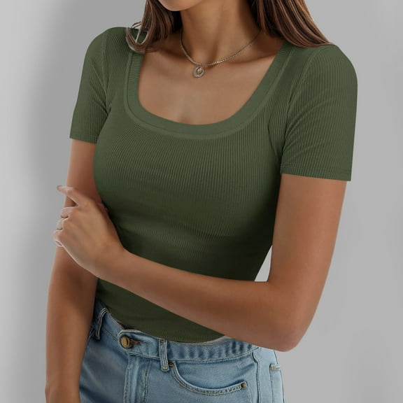 SNKSDGM Casual Easter Shirts for Women Plus Size Tops for Women Dressy 4X Womens Summer Short Sleeve Tops Square Neck Ribbed Slim Fitted Shirts Casual Tee Tshirt Beach Vacation Clothes for Women 2025