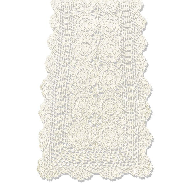 KEPSWET Chemin de Table en Dentelle Crochetée Fait Main Coton Beige Rectangle Table Basse Décoration (14x36 Pouces)