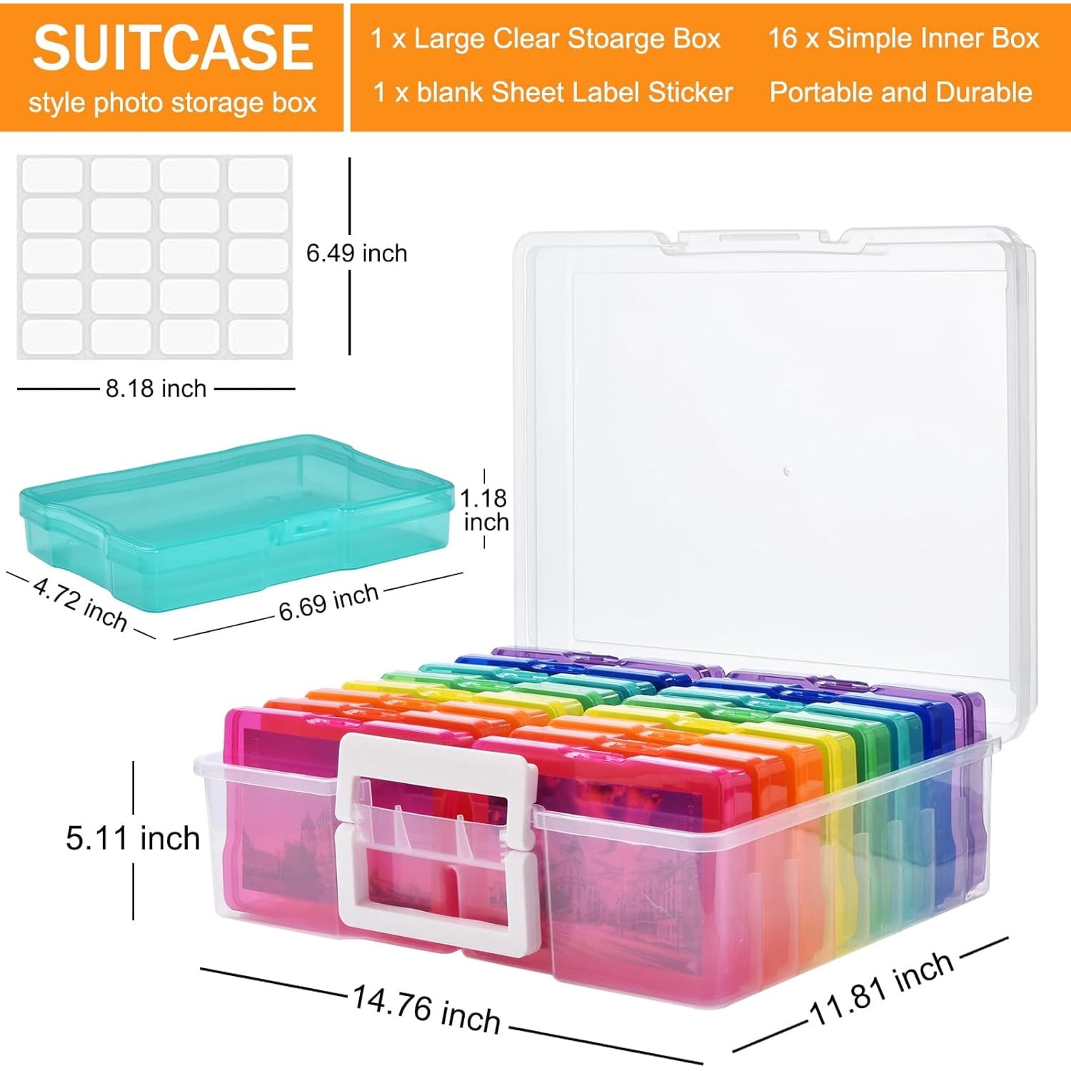 Photo Storage Box with Handle, 4" x 6" Photo Organizer Storage Container with 16 Inner Case and 1 Sheet Blank Labels for Pictures, Arts, Crafts, Sewing, Seeds, Office Supplies - Colored