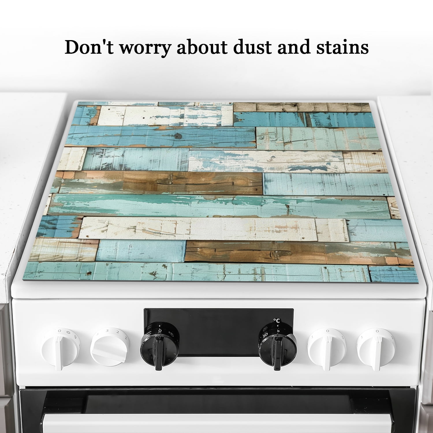 Square Stovetop Covers for Glasstop Stoves, Blue White Wood Rustic Print Non-stick Diatomite Cooktop Cover, Washable Ceramic Stove Top Protector Mat for Kitchen RV (28×20 Inch)