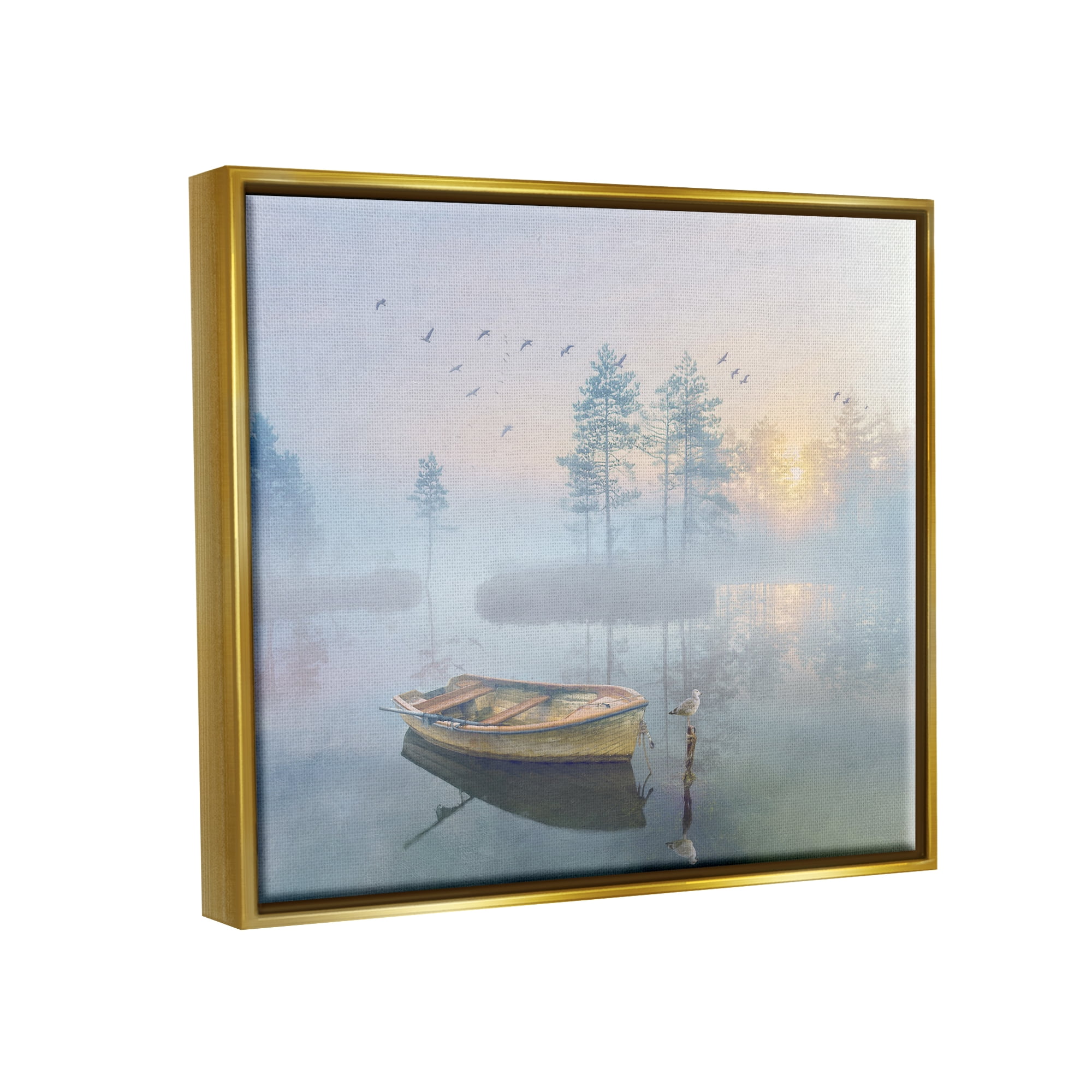 Stupell Dinghy Boat Foggy Pond Reflection Landscape Painting Gold Floater Framed Art Print Wall Art