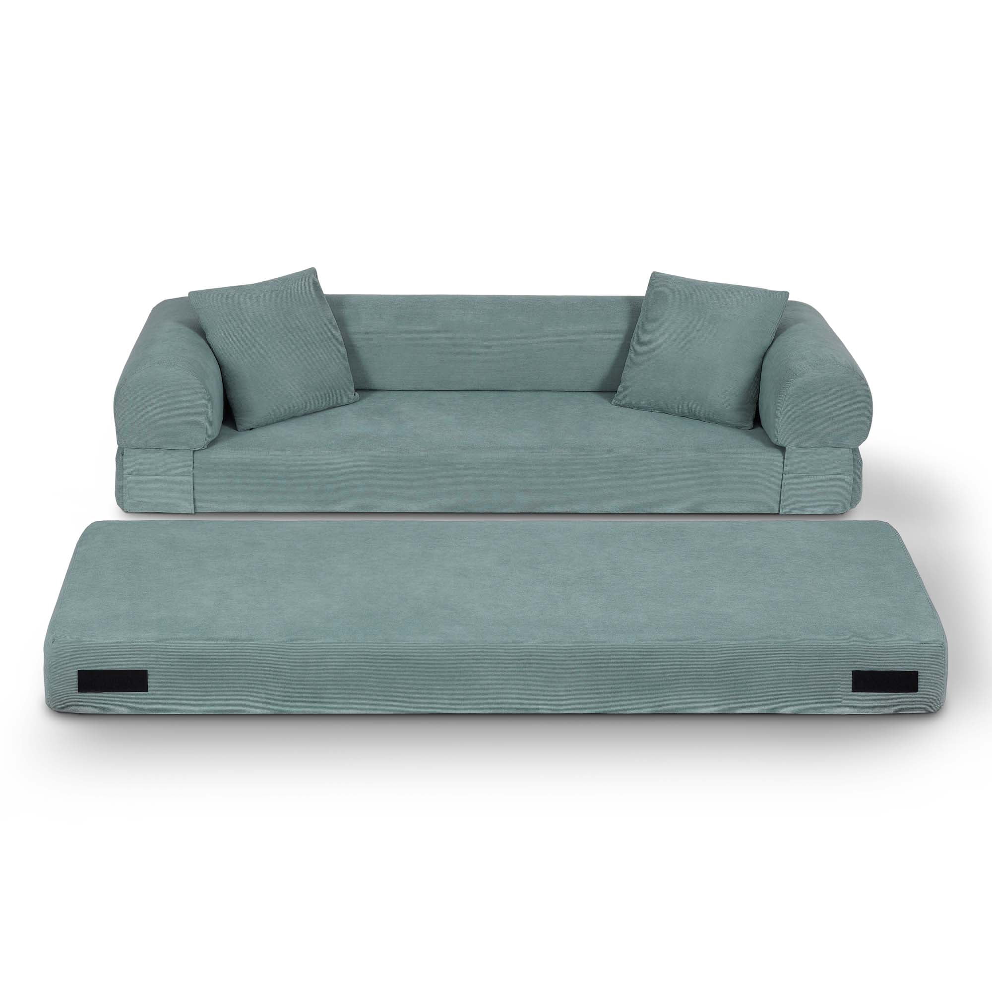 Miniyam 80" W Convertible Sofa, Boneless Couches for Living Room, Folding Sleeper Sofa Bed Queen with Pockets, Corduroy Flod Out Compressed Couch in a Box(Light Green)