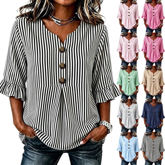 Hfnxid 3/4 Sleeve T Shirts for Women Loose Fit Striped Ruffle Shirt Button Up V Neck Blouses Dressy Casual Fall Clothes Black L