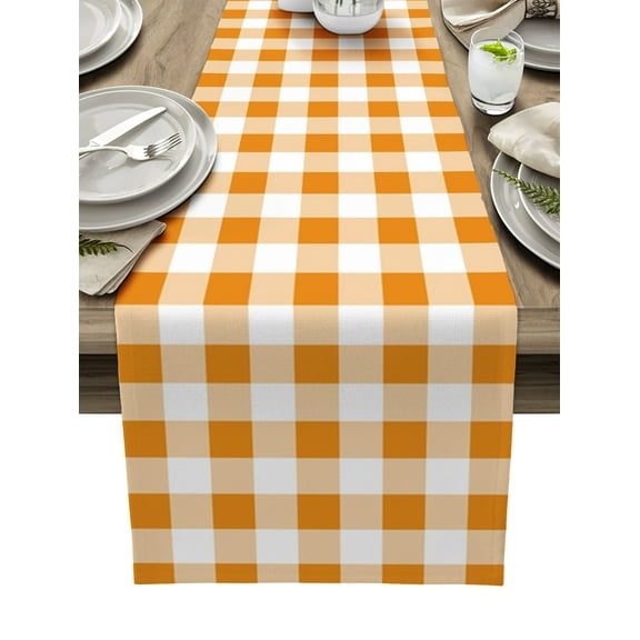 Table Runner Dresser Scarves 90 Inch Long, Rural Farmhouse Buffalo Plaid Linen Dining Table Runners Orange White Lattice Tabletop Scarf for Wedding Holiday Party Kitchen