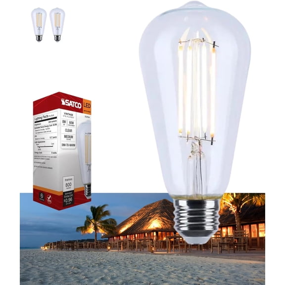 Satco S12154 8W LED ST19 Bulb, Warm Dimming 3000K-2000K, 800 Lumens, 90 CRI, 60W Replacement, Clear Glass, E26 Medium Base, Enclosed Fixture Rated, Dimmable, 120 Volt (2 Pack)