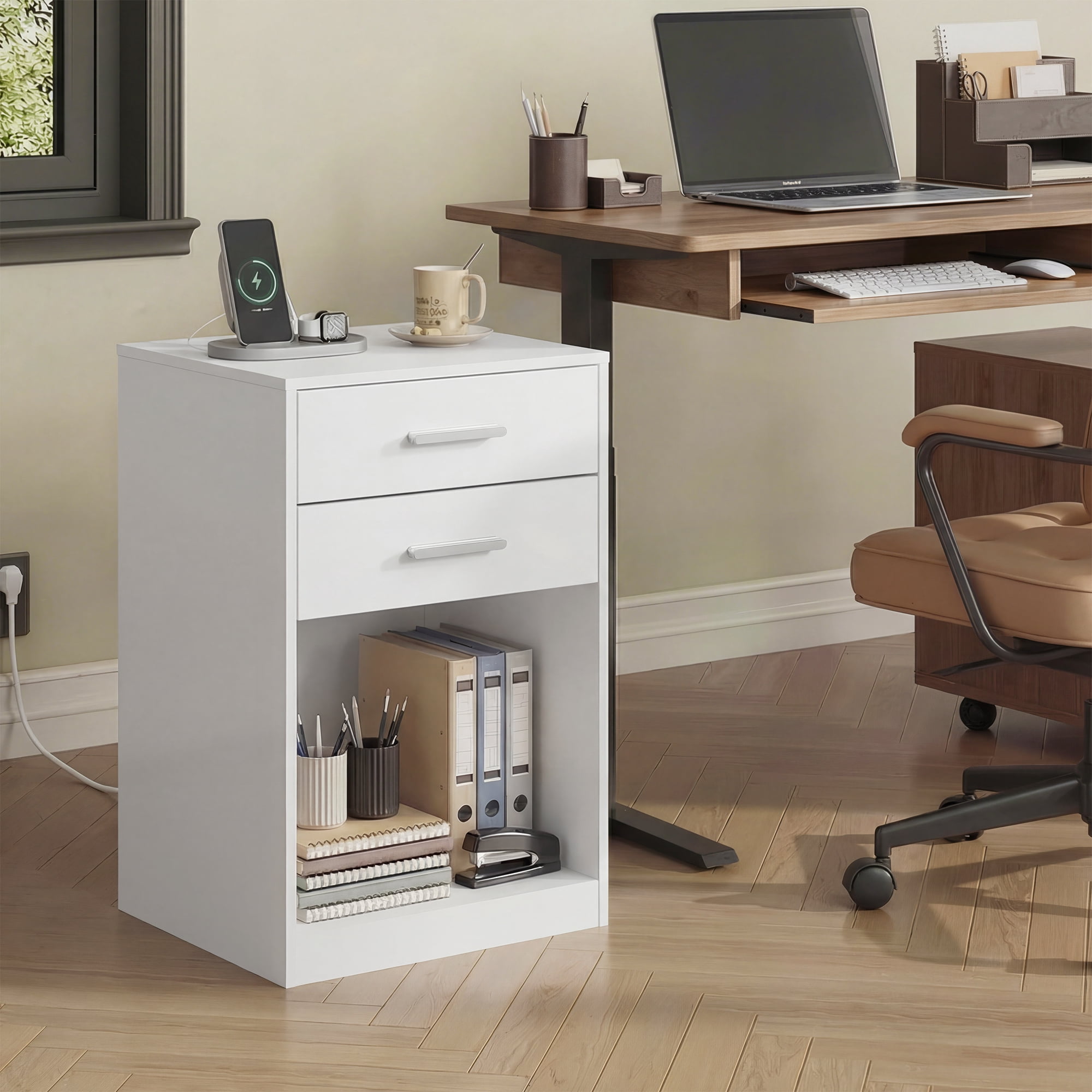 GALAXHERO Nightstand Set of 2 with Charging Station and 2 Drawers, Wood Bedside Table End Table with Open Shelf for Bedroom, Living Room, White