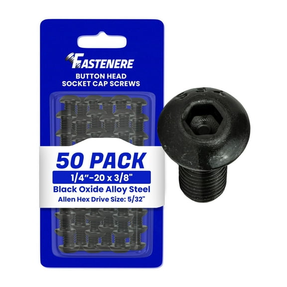Fastenere Button Head Socket Cap Screws - 1/4-20 x 3/8" (50-Pcs) Alloy Steel, Fully Threaded, Fine Black Oxide Finish, Corrosion-Resistant, Machine Thread, Easy to Install w/ Allen Hex Drive