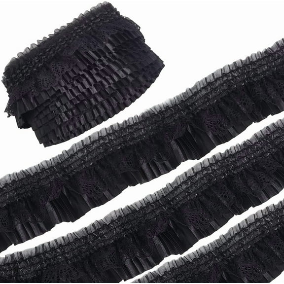 1set 10Yards Satin Elastic Pleated Lace Trim for Sewing and Bridal Wedding Decoration Black 3 inch(75mm)