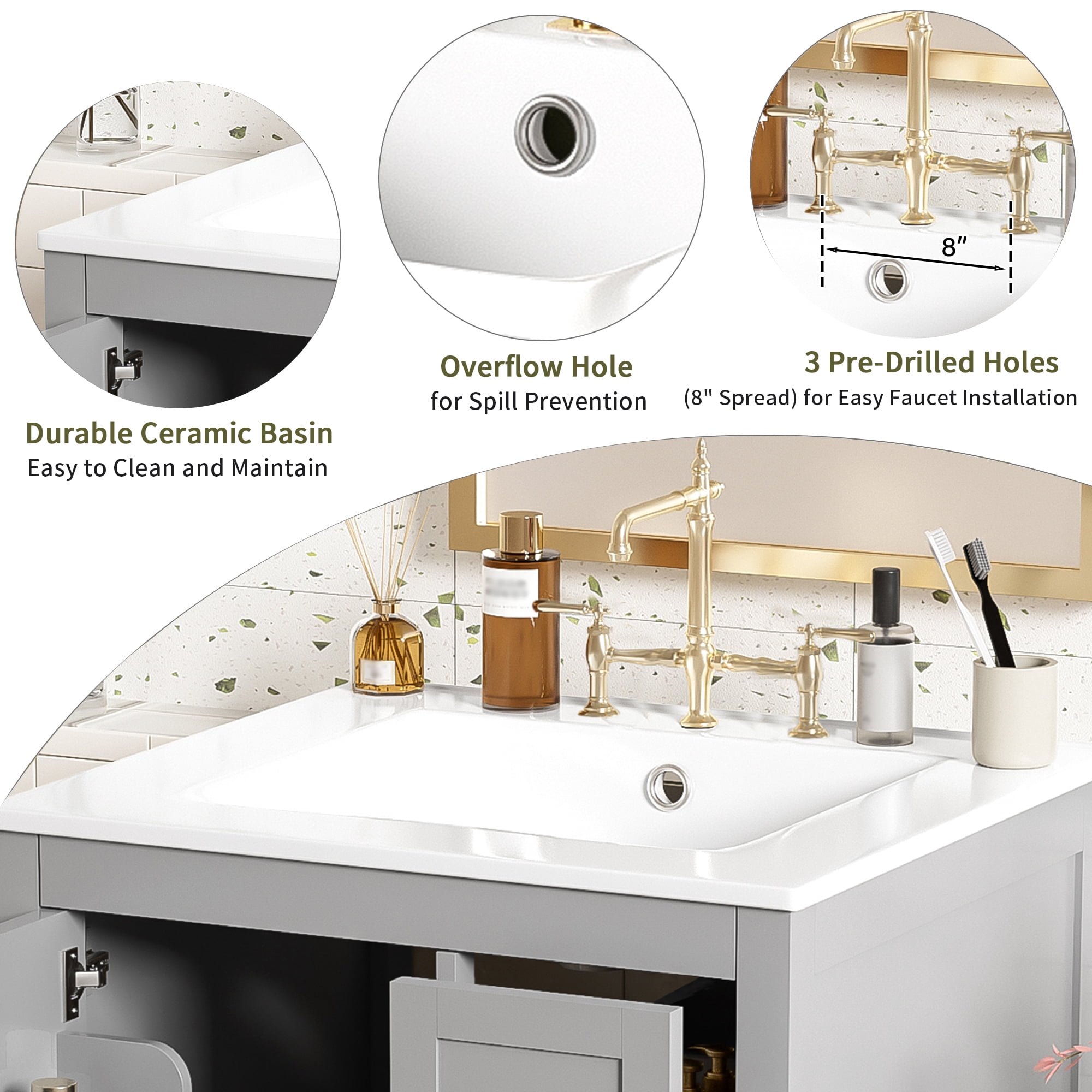 Euroco Modern 24-inch Bathroom Vanity with Ceramic Sink, Soft-Close Door, Double-Layer Door Shelf, and 3 Drawers