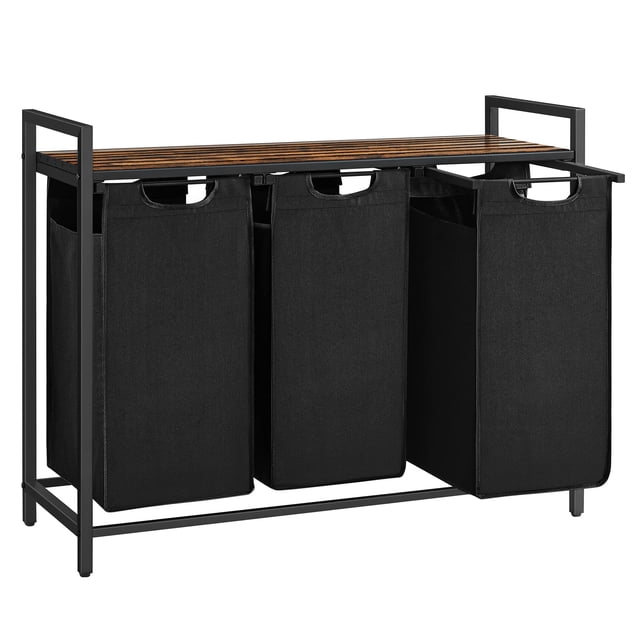 VASAGLE Cesto para Ropa Sucia, Cesta Colada, 3 Bolsas Colada de Tela Oxford Extraíble y Desmontable, 3 x 38 L, 92.5 x 33 x 72 cm, Estante, Marco Metálico, Negro MBLH301B01