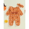 thumbnail image 2 of Halloween Newborn Baby Girl Outfits Ruffle Pumpkin Long Sleeve Romper Jumpsuit with Headband Set Waffle Fall Clothes 0-12M, 2 of 8