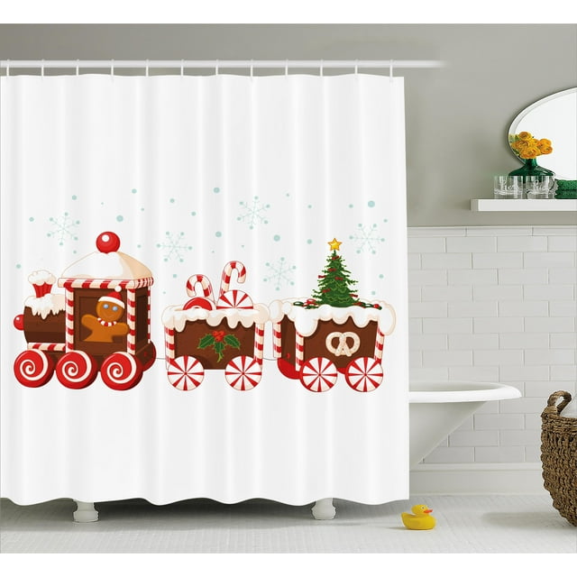 Christmas Shower Curtain Set, Train made of Gingerbread Cream and Candy Cartoon Toys Snowflakes Gifts Presents, Bathroom Decor, White Brown Red, by Ambesonne