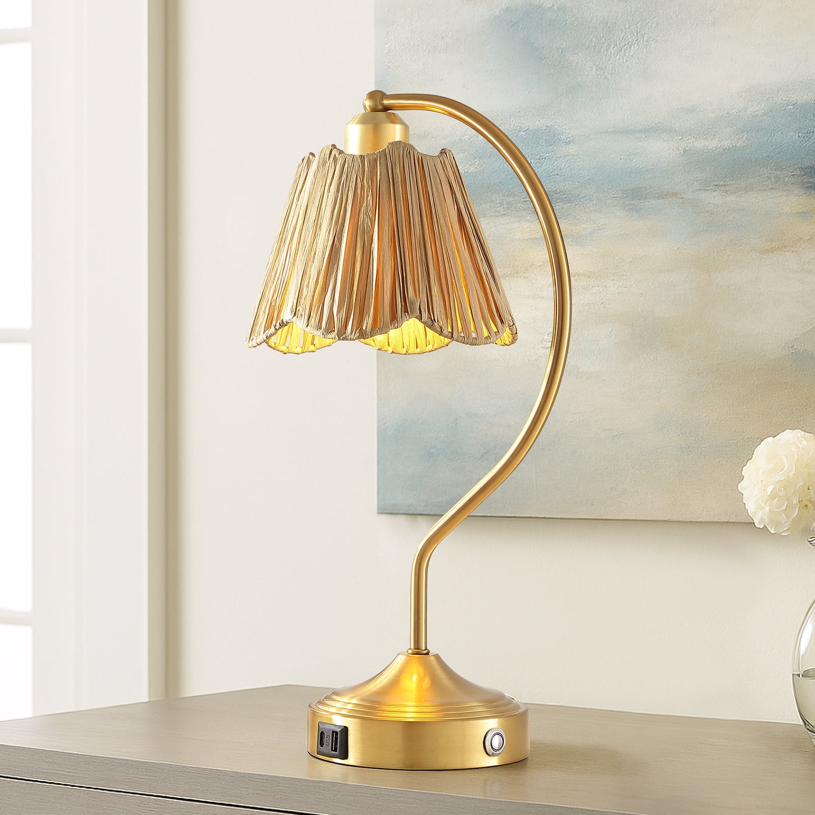 RORIA 18" Curved Gold Table Lamps Set of 2, Touch-Control Three-Level Dimming, USB A+C Charging Ports, Modern Farmhouse Style, Perfect for Living Room or Bedside Lighting Needs.