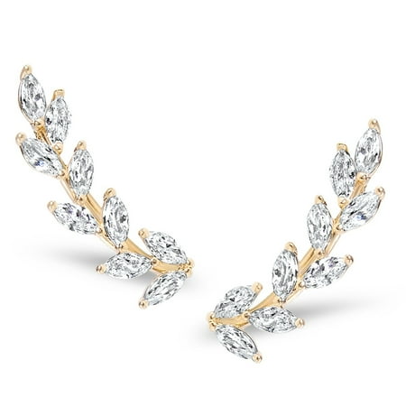 Flower Diamond Earrings Crystal Leaf Ear Climbers - Simulated Diamond Flower Crawler Cuff Stud Earrings, Safe for Sensitive Ears by Humble Chic NY, Gold-Tone Petals, 10k Gold-Electroplated Brass, Hypoallergenic ()