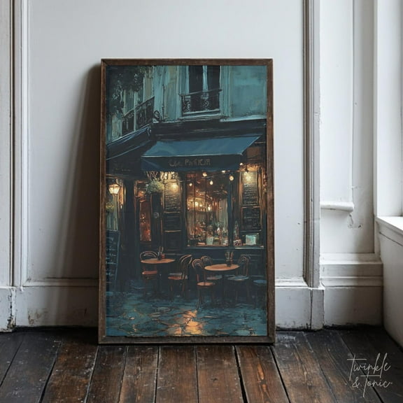 PosterArt Vintage Parisian Café Art Print Rainy Street Wall Décor Cozy French Bistro Poster Moody Paris Cityscape, 8x12 UNFRAMED
