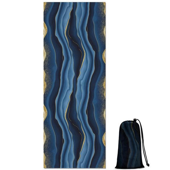 Blue Gold Wave Marble Pattern Hot Yoga Mat Towel Non Slip for Hot Yoga - Quick-Drying Yoga Mat Cover with 4 Corner Pockets with Travel Bag - Hot Yoga Towel Non Slip 70"x26"