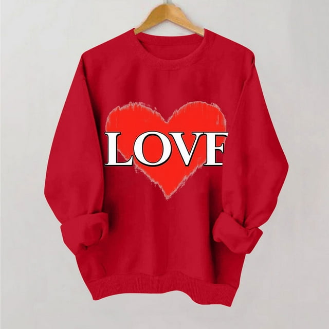 Styesk Chemises à Manches Longues pour Femmes Imprimé Cœur Hauts Confortables Doux Col Rond T-Shirts Chandail Mode Léger Chandail en Molleton Graphique de la Saint-Valentin Hauts Décontractés
