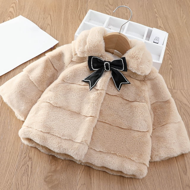 DPTALR Toddler Girls Solid Color Plush Cute Bow Imitation Rabbit Keep Warm Winter Lapel Thick Coat Cloak
