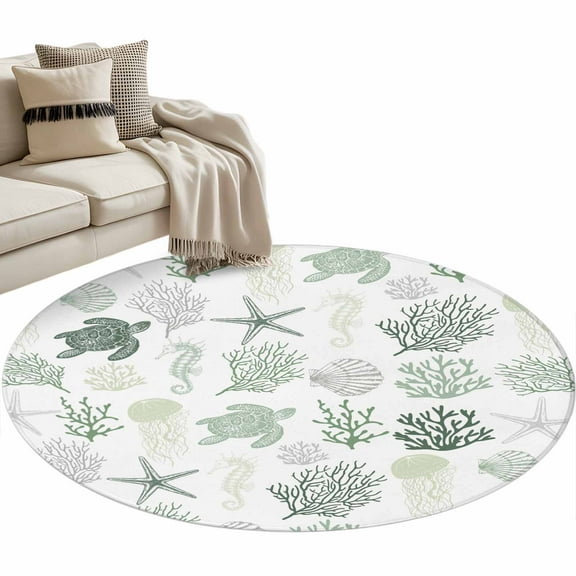 Sage Green Coastal Round Area Rug 4 FT, Non Slip Indoor Outdoor Rug, Nautical Summer Beach Coral Sea Turtle Washable Soft Circular Carpet Floor Mat for Coffee Table Nursery Foyer Balcony
