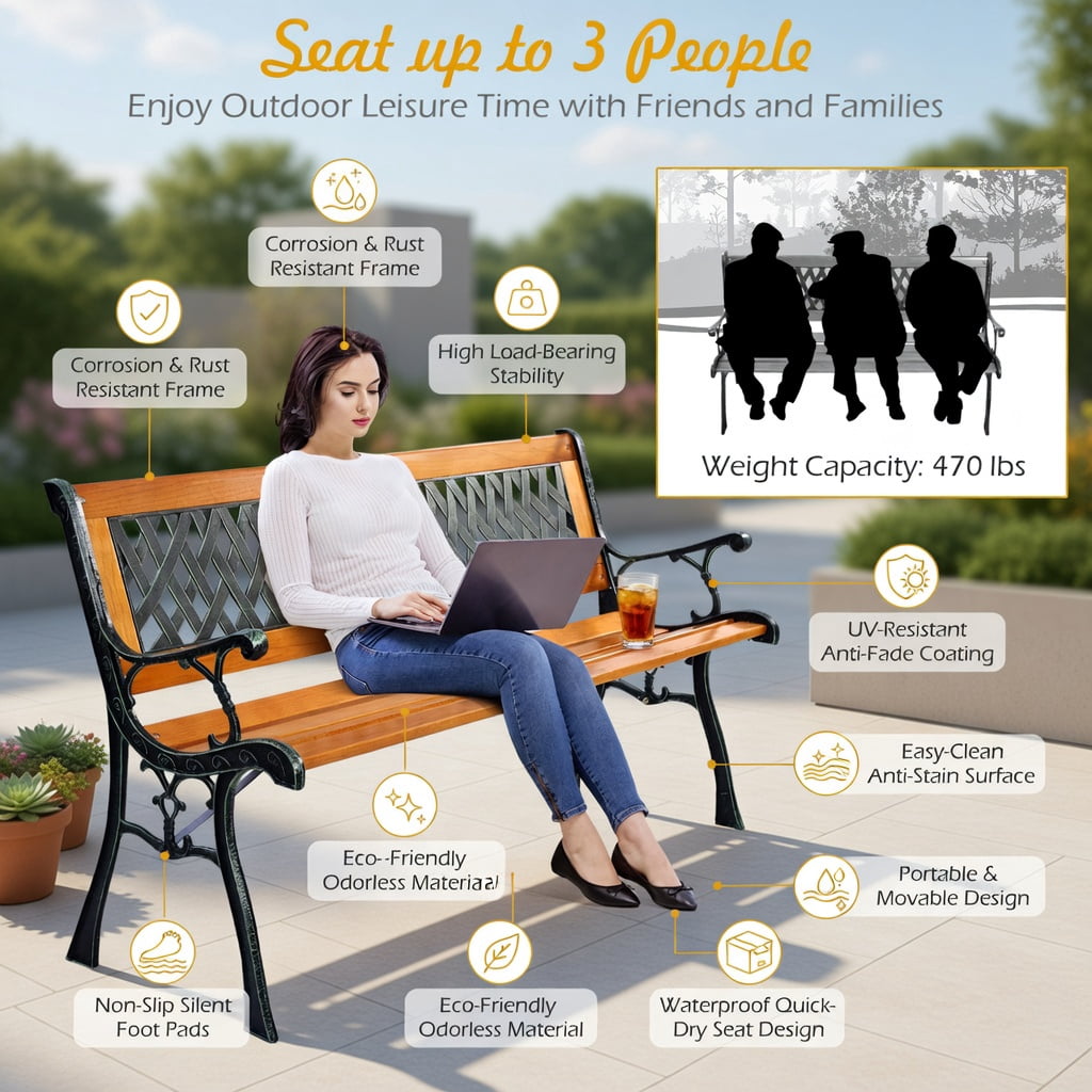 Hommoo Heavy-Duty Cast Iron Outdoor Patio Bench with Solid Wood Seat, Black + Natural