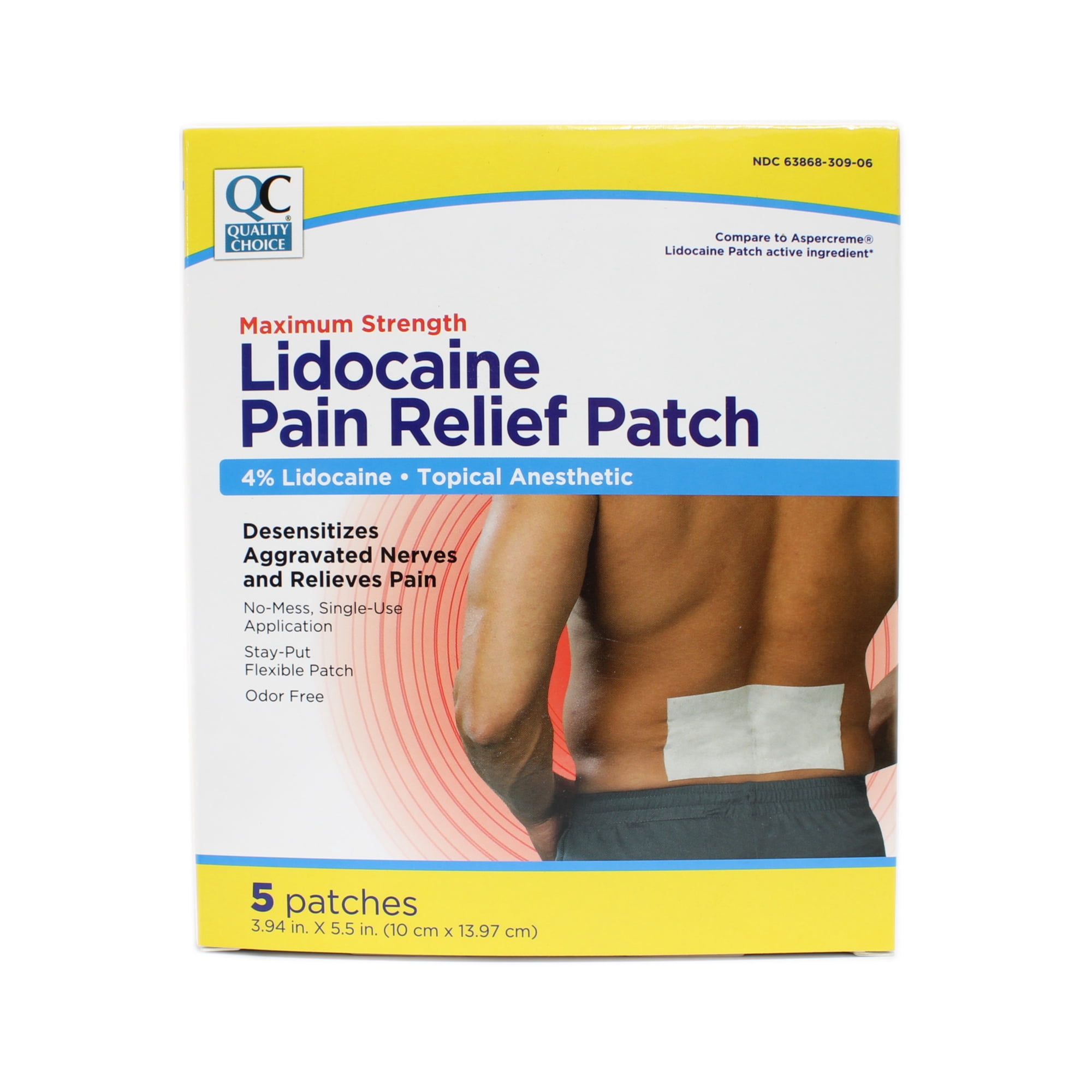 Quality Choice Maximum Strength Lidocaine Pain Relief Patch 4% Lidocaine 5 Patches 3.94x5.5 inches