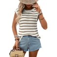 thumbnail image 3 of Women'S Ribbed Sweater Crew Neck Short Sleeve Loose Fit Stripe Knit Pullover Tops Brown S, 3 of 10