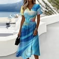 thumbnail image 2 of Watercolor Floral Print Dress for Women V Neck Short Sleeve Dress A Line Midi Casual Summer Outfit Flowy Lightweight Party Wear Vacation Boho Chic Blue L, 2 of 6