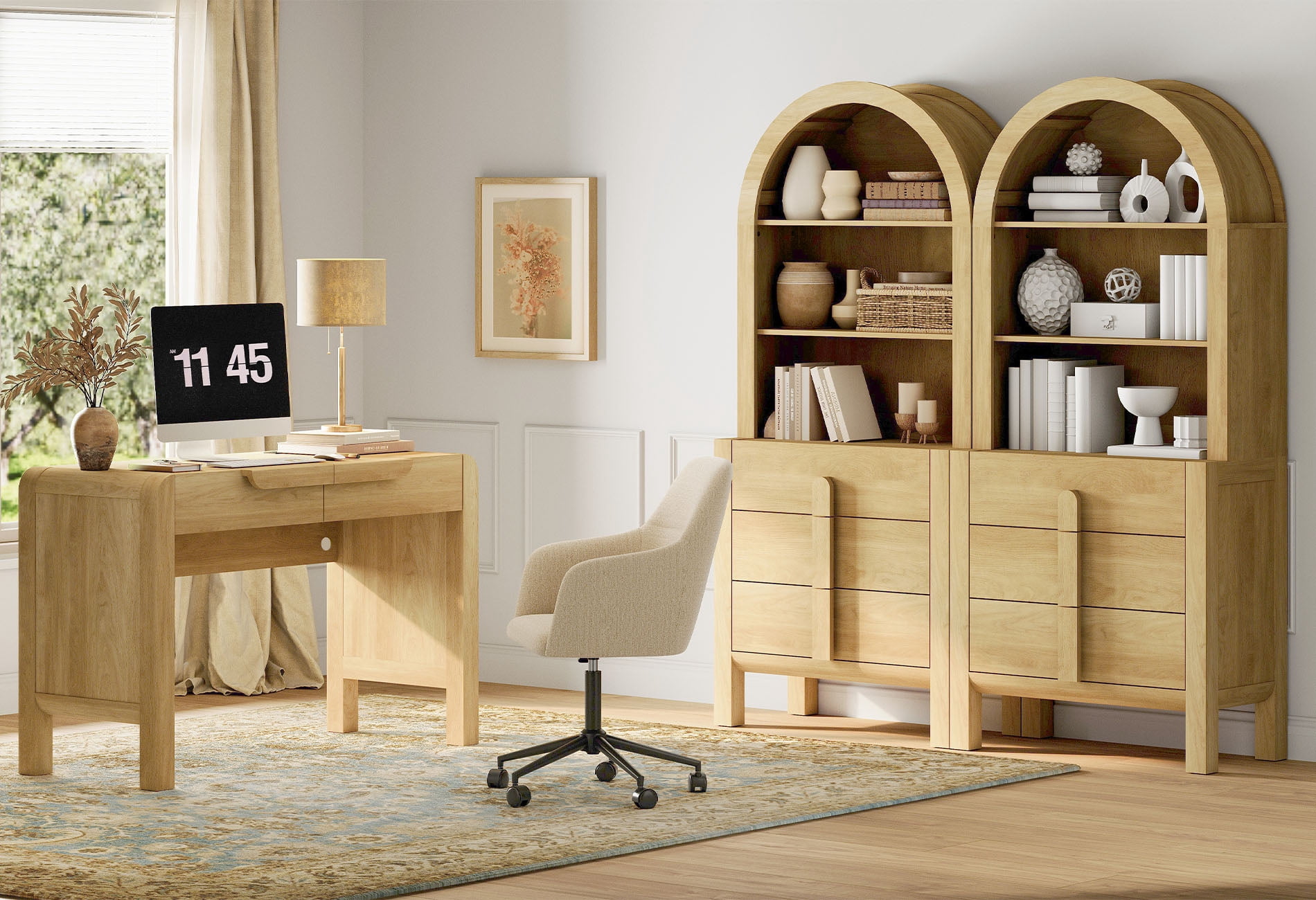 Home Office Set, 47" Modern Executive Desk with Charging Station and Drawers & 2 Piece 71"H Tall 3-Tier Arched Bookcases with Open Storage for Living Room, Bedroom, Home Office
