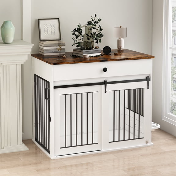 WHIFEA Modern Wooden Dog Crate Furniture with Sliding Barn Door & Side Access, Rotating Feeder Kennel for Medium-Large Dogs, Farmhouse Style, White