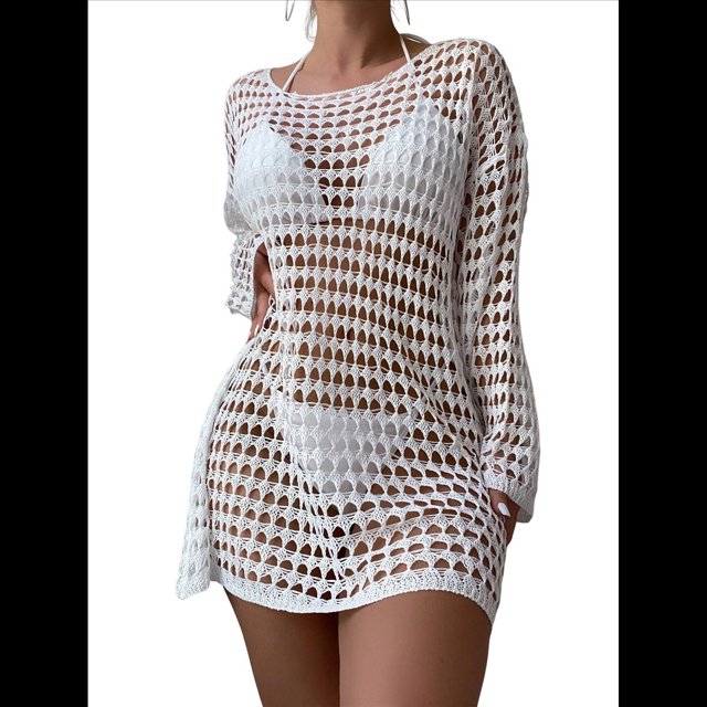 Vestido de Crochet de Gran Tamaño para Mujer, con Cuello y Aberturas, para Verano 2025. Talla Única