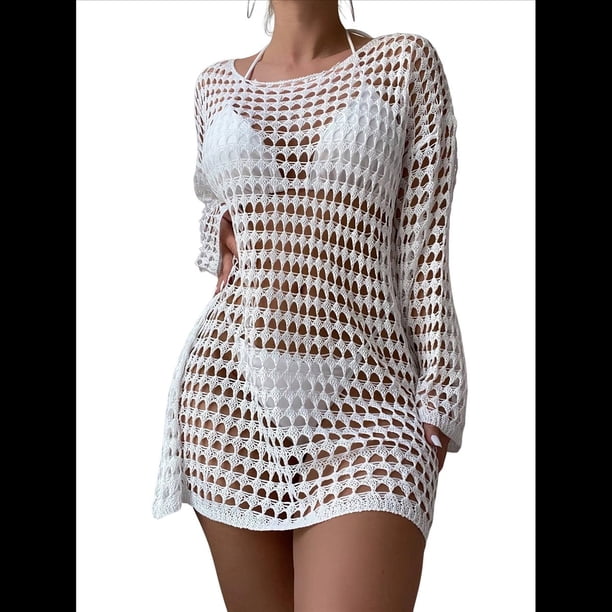 Vestido de Crochet de Gran Tamaño para Mujer, con Cuello y Aberturas, para Verano 2025. Talla Única