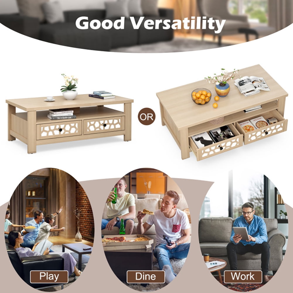 Finihen Coffee Table, Rectangular Coffee Table, 3-tier Coffee Table with 2 Drawers and 5 Support Legs, for Living Room, Reception Room, Office, Natural Finihen Coffee Table, Rectangular Coffee Table, 3-tier Coffee Table with 2 Drawers and 5 Support Legs, for Living Room, Reception Room, Office, Natural