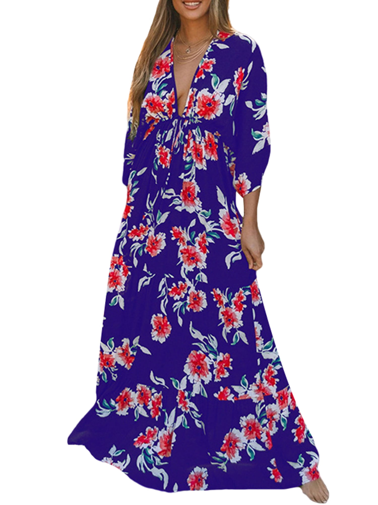 Women Floral Print Baggy Holiday Party Maxi Dress Loose Long Sleeveless Dresses 