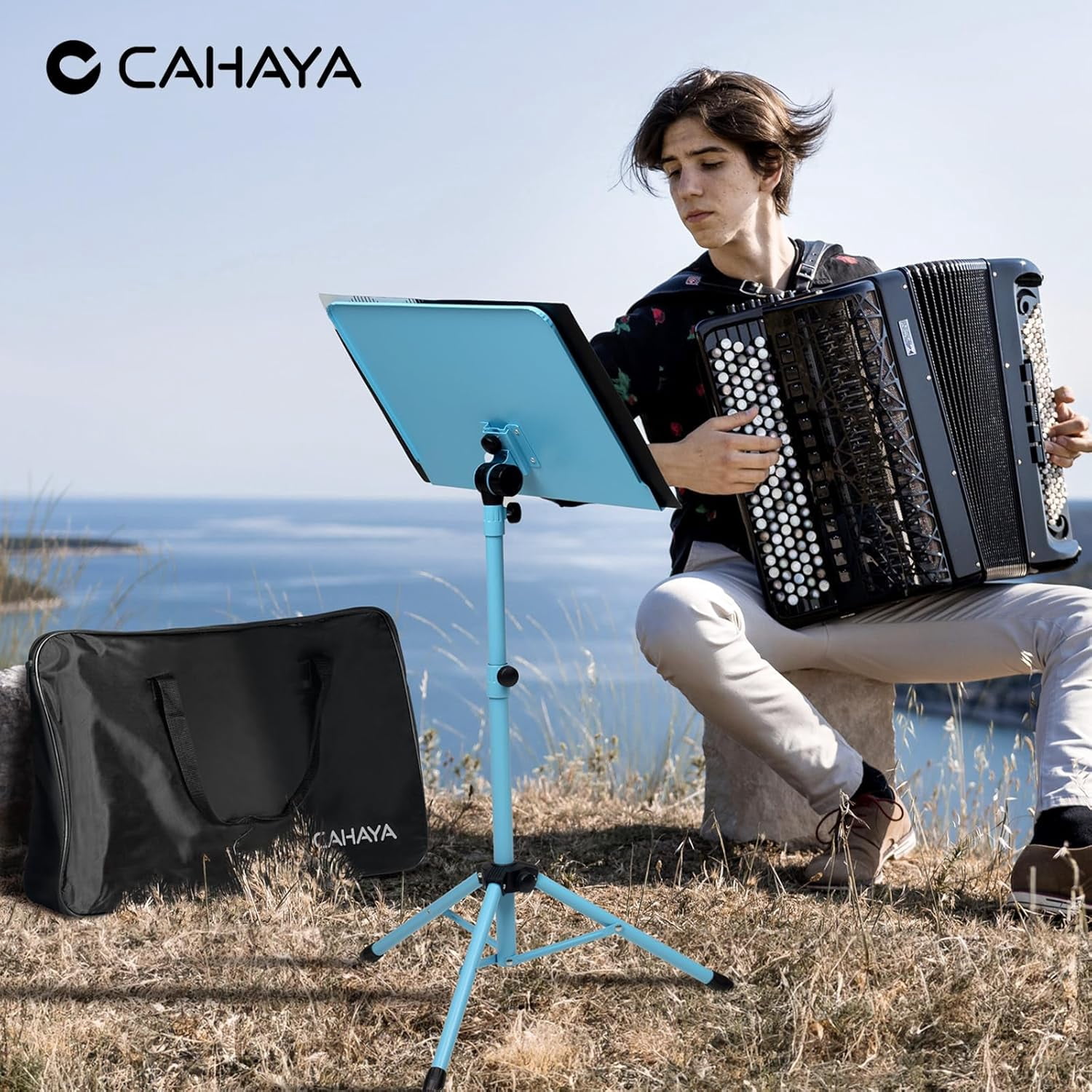 CAHAYA Sheet Music Stand & Tabletop Music Stand Solid Back with Carrying Bag for Books Notes Laptop Tablet Blue CY0194-3