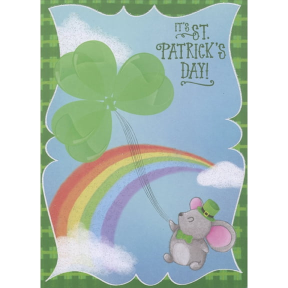 Designer Greetings Mouse Floating with Shamrock Balloon Near Rainbow St. Patrick's Day Card for Kid