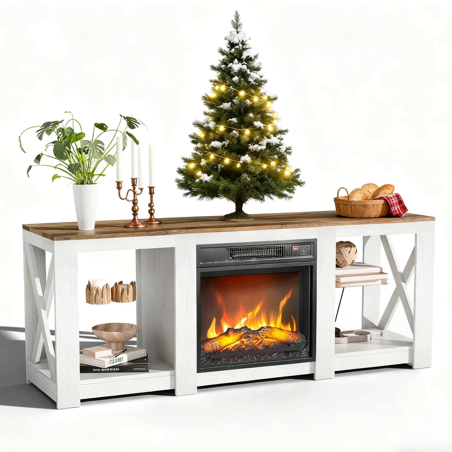 Ktaxon Farmhouse TV Stand with 18in Fireplace, Modern Entertainment Center TV Stand Display Table for 55/60/65" TVs with Open Storage, Off White