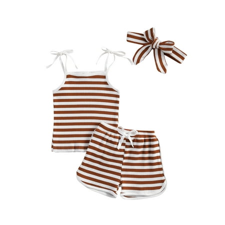 

JBEELATE Newborn Toddler Baby Girls Summer Clothes Set Stripe Outfits Sleeveless Halter Tank Top Shorts Pants Headband 3Pcs