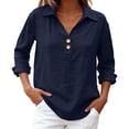 thumbnail image 5 of ManxiVoo V Neck Button Down Blouse for Women 3/4 Sleeve Cotton Linen Shirt Breezy Summer Tops Relaxed Fit Casual Office Wear XXL Size Navy, 5 of 9