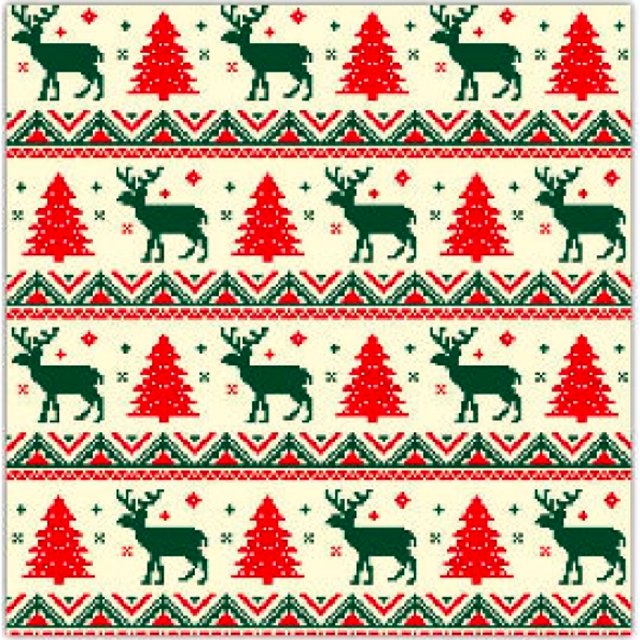 Festive luncheon napkin featuring repeating rows of green reindeer and red Christmas trees with decorative geometric borders on a cream background.
