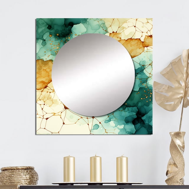 Designart "Vintage Grid On Time-Honored Blue Celestial Expanse" Transitional Square Mirror For Wall Decor - Large Gold Square Mirror Printed Wall Decor - Transitional Square Living Room Mirror