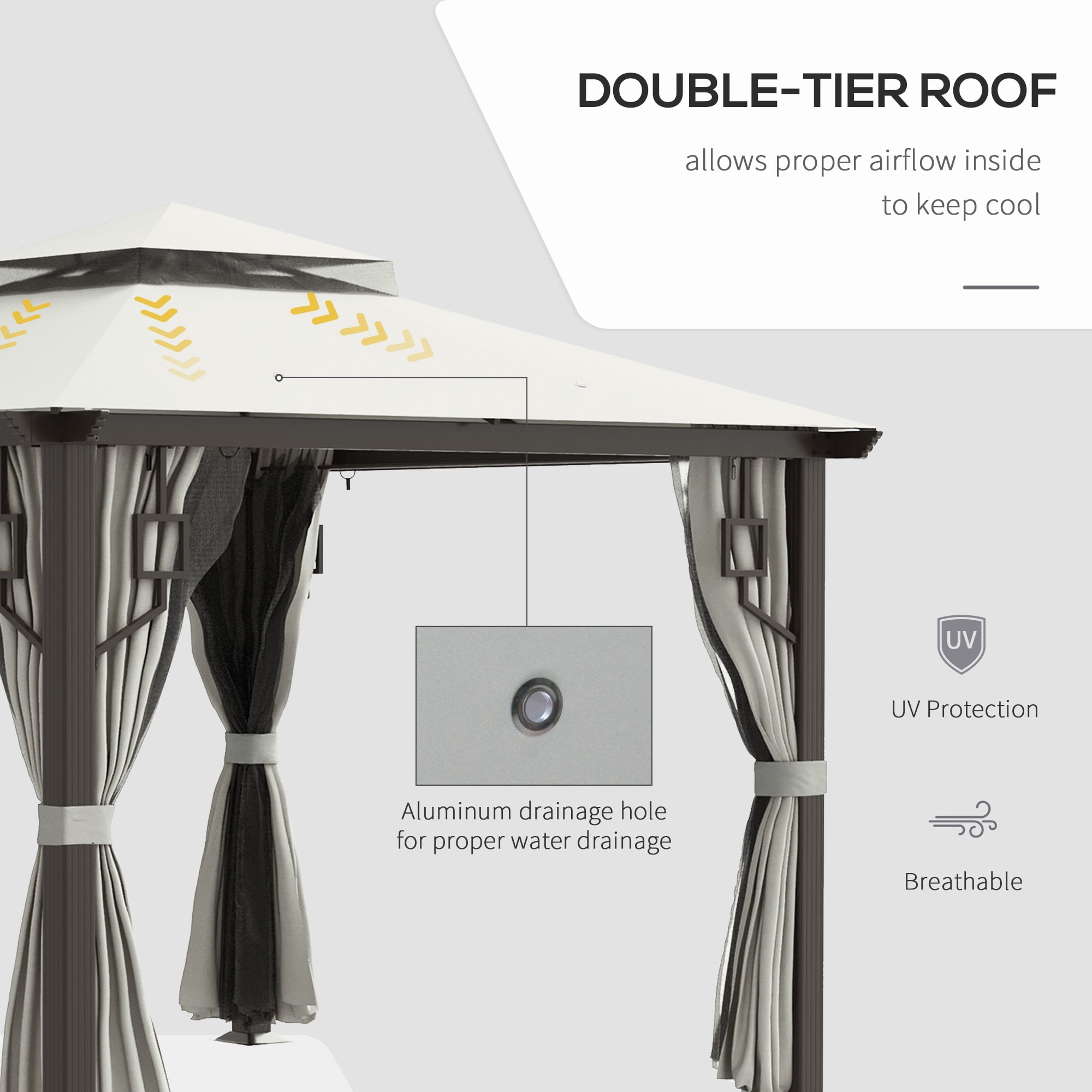 Outsunny 10' x 10' Patio Gazebo Outdoor Canopy Shelter with Aluminum Frame, Double Tier Roof, Netting and Curtains for Garden, Lawn, Cream White