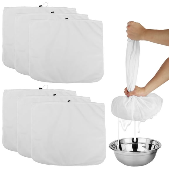 Evjurcn 6 Pack Brew Bags Extra Large Reusable Straining Bag 250 Micron Fine Mesh Strainer Bag with Adjustable Drawstring Polyester Wine Straining Bag for Home Brewing Grains Fruit Beer Making
