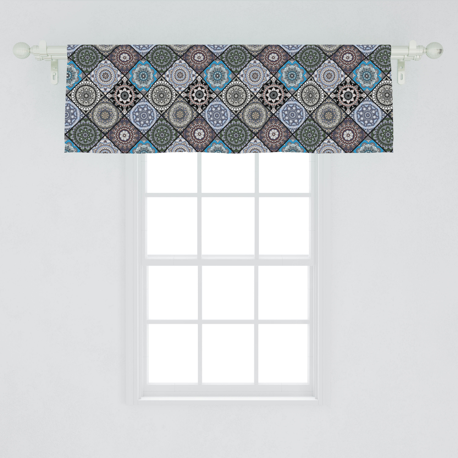 Moroccan Window Valance, Detailed Flower Designs with Checkered Pattern ...