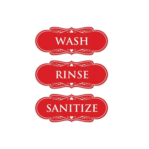 Signs ByLITA Designer Wash Rinse Sanitize Sign - Easy Installation | Durable Wall or Door Sign (Red) - Large
