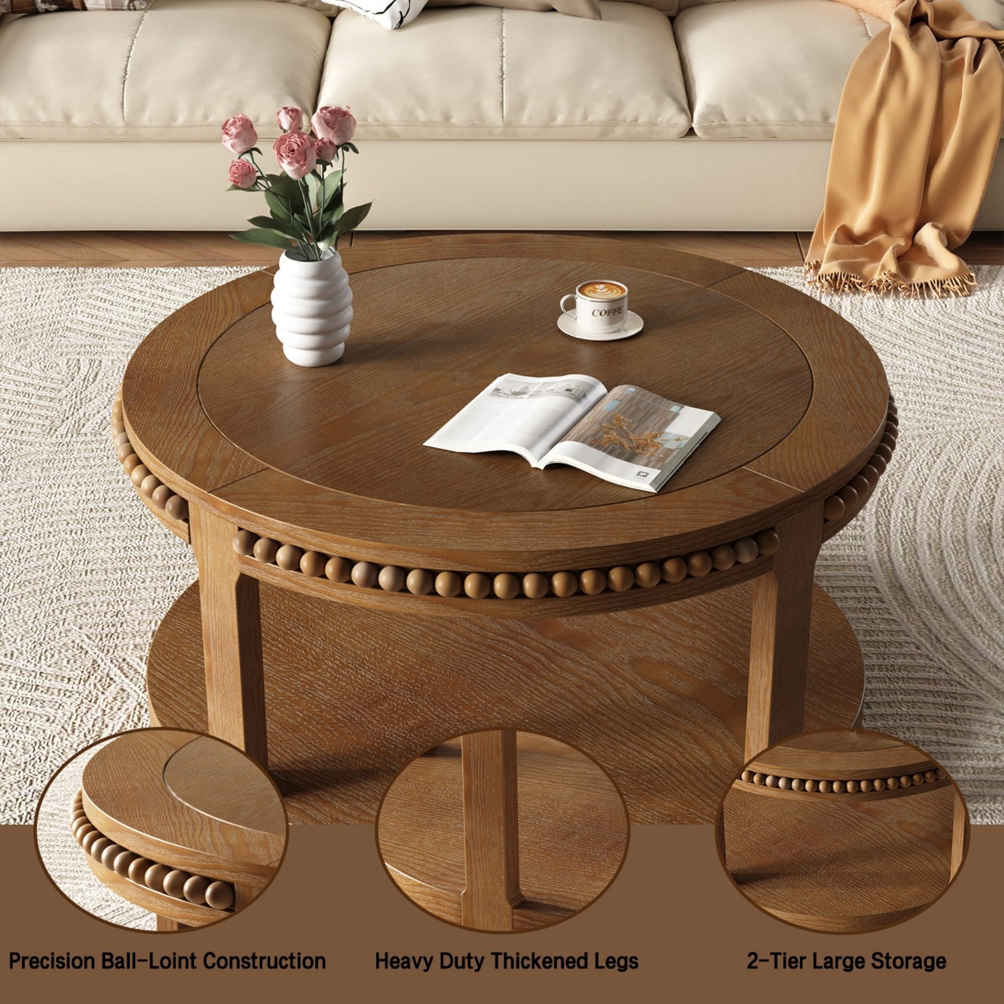 31.5" Round Solid Wood Coffee Table, 2 Tier Wood Coffee Table with Shelf, Modern Center Table for Living Room Sofa Table, Walnut