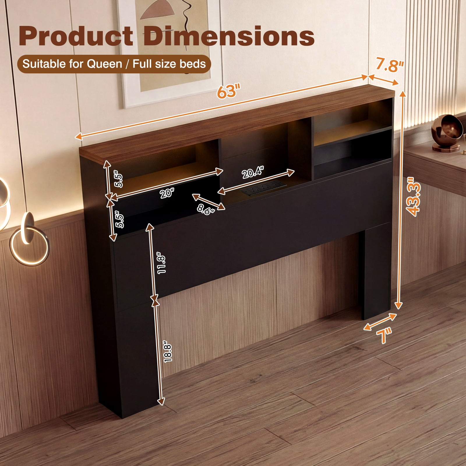 Advwin 63" Full/Queen Storage Headboard with LED Lights & Charging Station, Modern Bookcase Headboard, Space Saving Wood Headboard Only for Bedroom, Black & Walnut