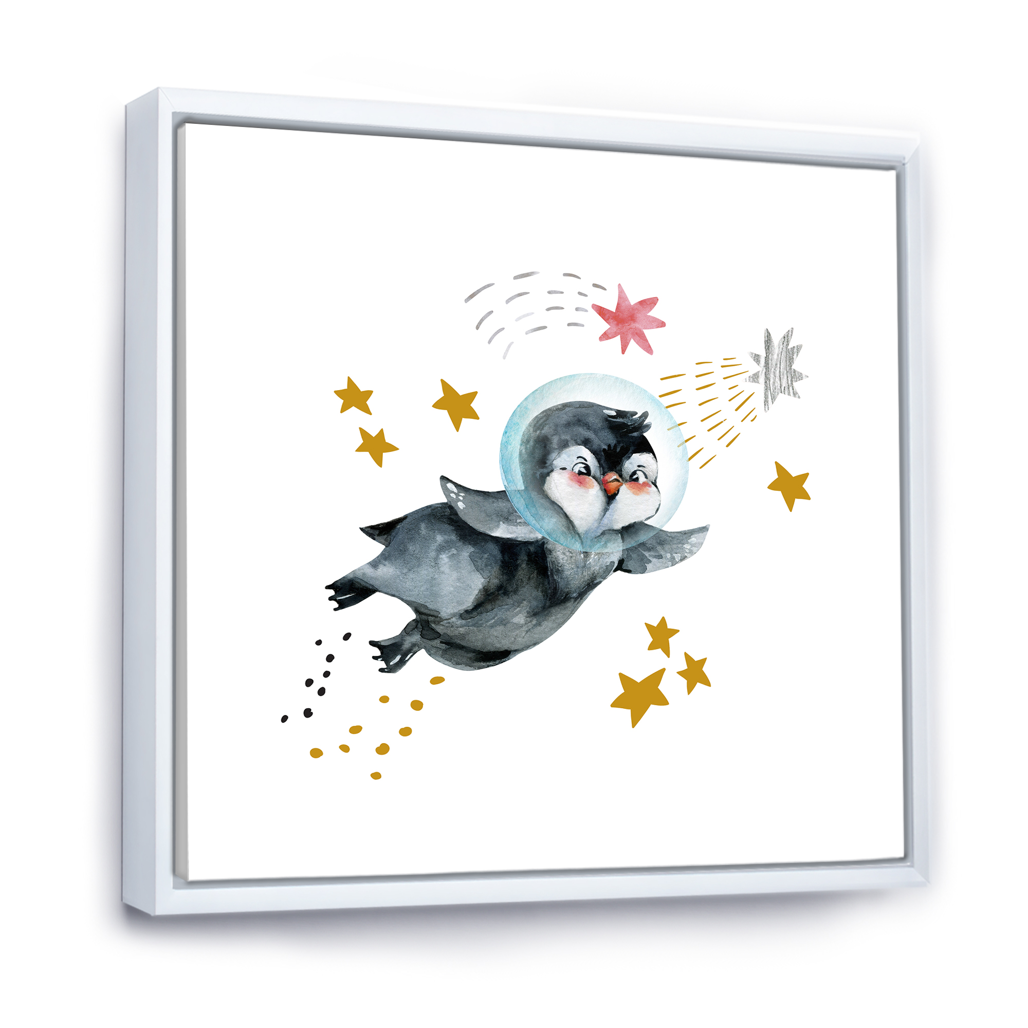 Designart 'Little Penguin Flying Planets and Stars I' Farmhouse Framed Canvas Wall Art Print