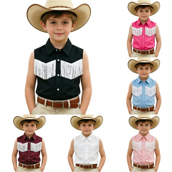 XAOFW Boys Girls Kids Western Cowboy Shirt Fringe Shirt Sleeveless Lapel Button Down Graphic Hippie Shirts Soft Tops 5-6 Years